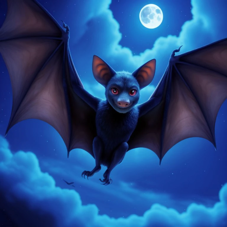 solo, male, batdrac, vampire bat, black fur, membranous wings, fangs, pink sclera, red eyes, colored sclera, smile, full-length portrait, flying, spread wings, tiny feet, body fur, glowing outline, backlighting, full moon, night, starry sky, cloudy sky, half-closed eyes, looking at viewer, masterpiece, extreme detail, perfect lighting, cgi, chibi, tiny body