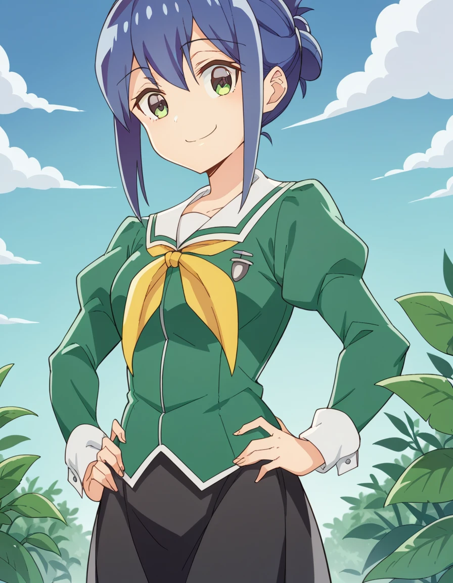 score_9, score_8_up, score_7_up, source_anime, <lora:kanoko-mamiya-s1-ponyxl-lora-nochekaiser:1>, kanoko mamiya, short hair, green eyes, blue hair, folded ponytail, sidelocks,, skirt, long sleeves, school uniform, puffy sleeves, neckerchief, green shirt, black skirt,, cooling tower, smoke, power, plant, height, smile, smug, hands on own hip,, looking at viewer, solo,, dutch angle, cowboy shot