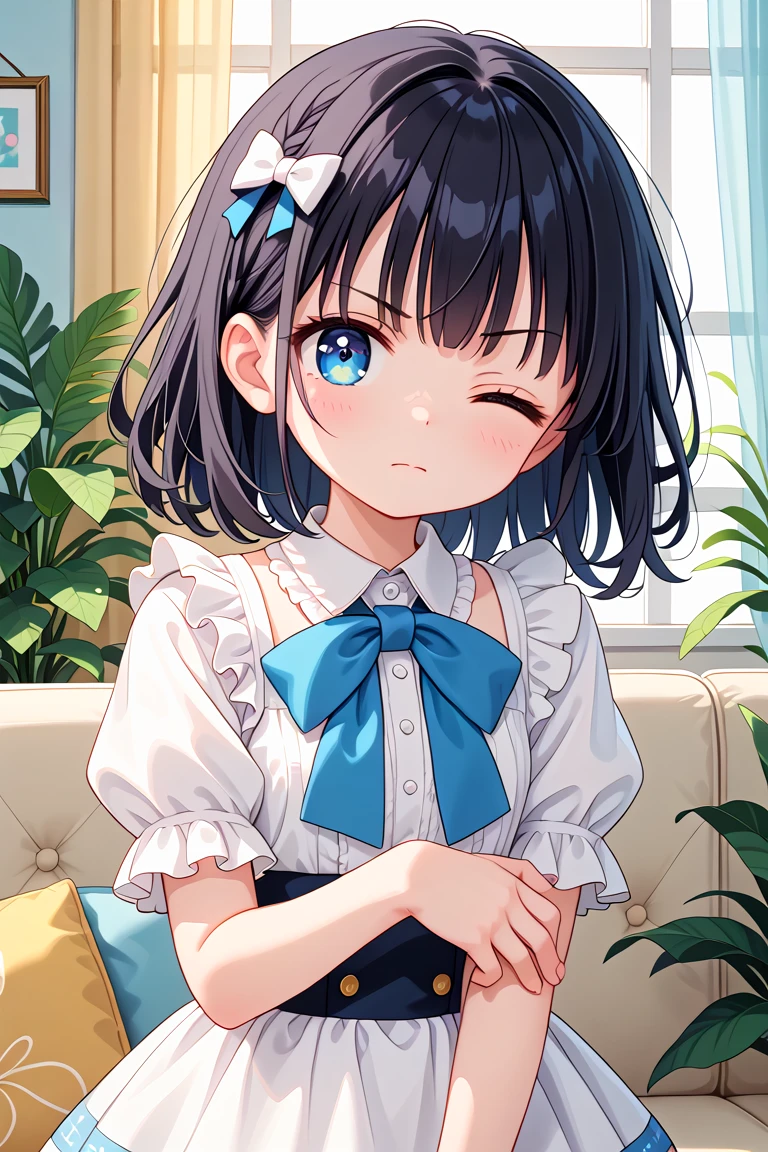 newest, masterpiece, best quality
BREAK
score_9, score_8_up, score_7_up, score_6_up, score_5_up, score_4_up
BREAK
cute round face, slender, kawaii, ultra cute girl, ultra cute face, ultra detailed eyes, ultra detailed hair, ultra beautiful,
1girl, solo,
Intricate details, Extremely detailed, Outstanding intricacies, Absurdres absolutely resolution, Serene atmosphere,
(Portrait, Face focus, shooting from front:1.2),
angry, closed mouth, Looking at viewer, one eye closed,
medium hair, black hair,
White ruffled blouse, saxe-blue ribbon tie, short ruffled sleeves and long layerd skirt,
Fashionable cafe living room, Decorative plants, Pastel cute sofa, Pastel cute curtains, Pastel cute wallpaper
<lora:wink1_left_xl_v10:1>