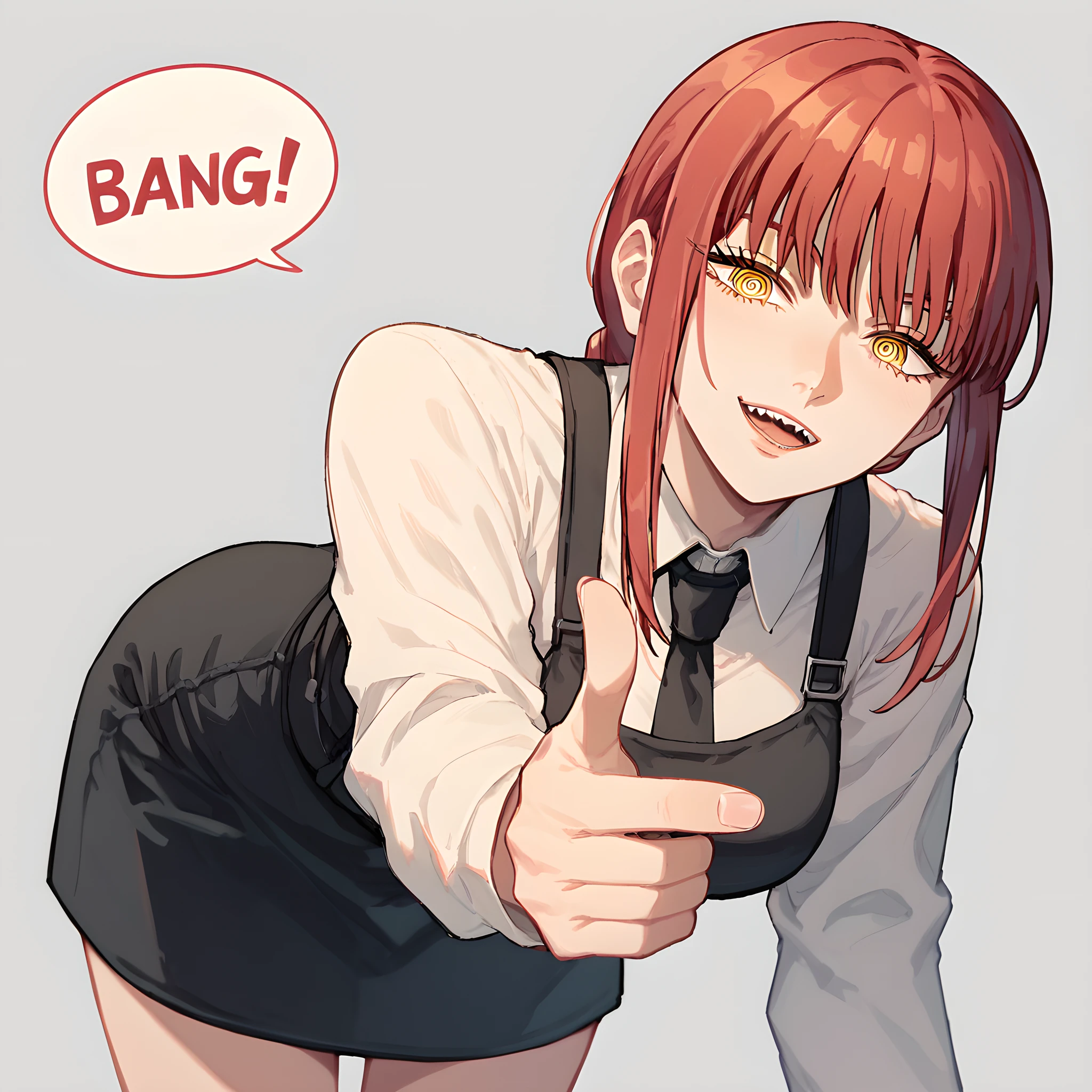 score_9, score_8_up, score_7_up, 1girls, solo, anime source, makima \(chainsaw man\), red hair, yellow eyes, finger gun, bang (gesture), bubble speech "BANG", bent over, dynamic angle, <lora:makima_offset:1> <lora:Finger_gun_Shooting_Bang_Pose_for_Pony:1>