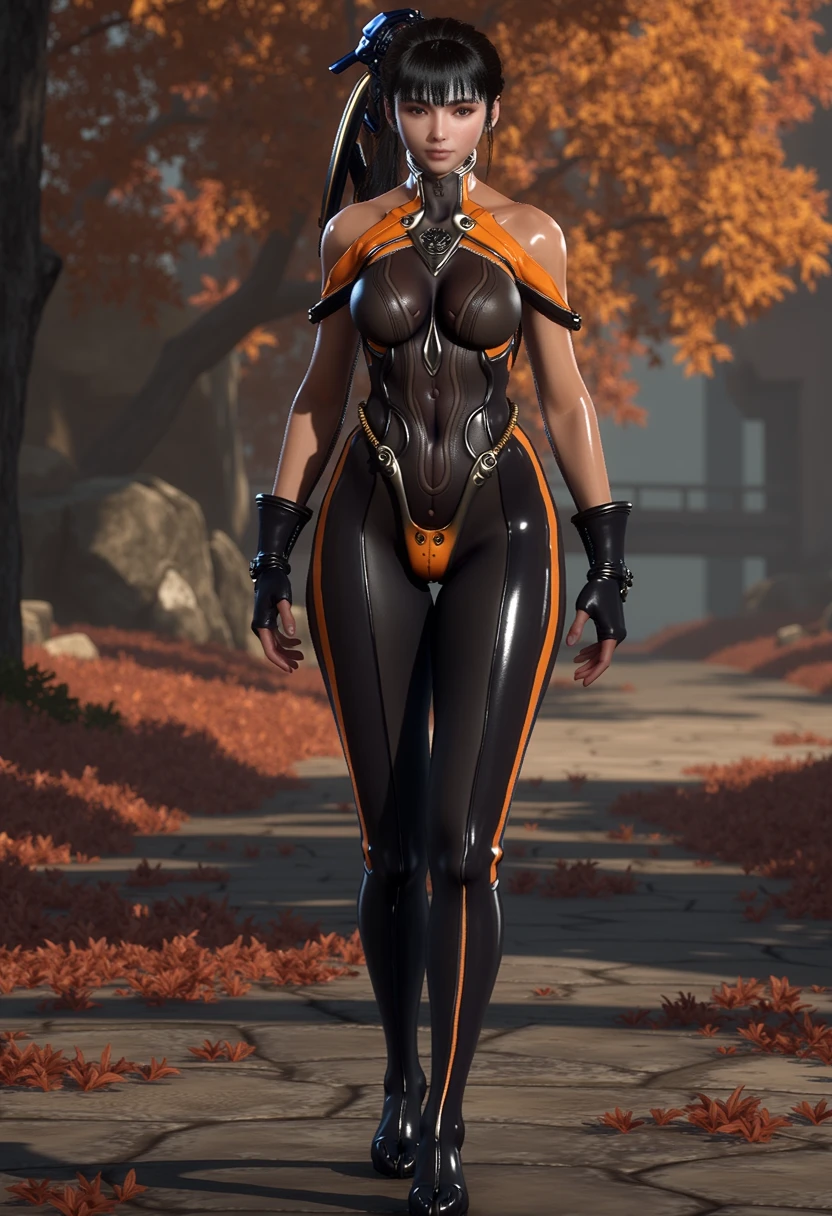 stellareve, black hair, ponytail hair, day, foliage in background, full body, front view, black and orange spandex bodysuit, standing