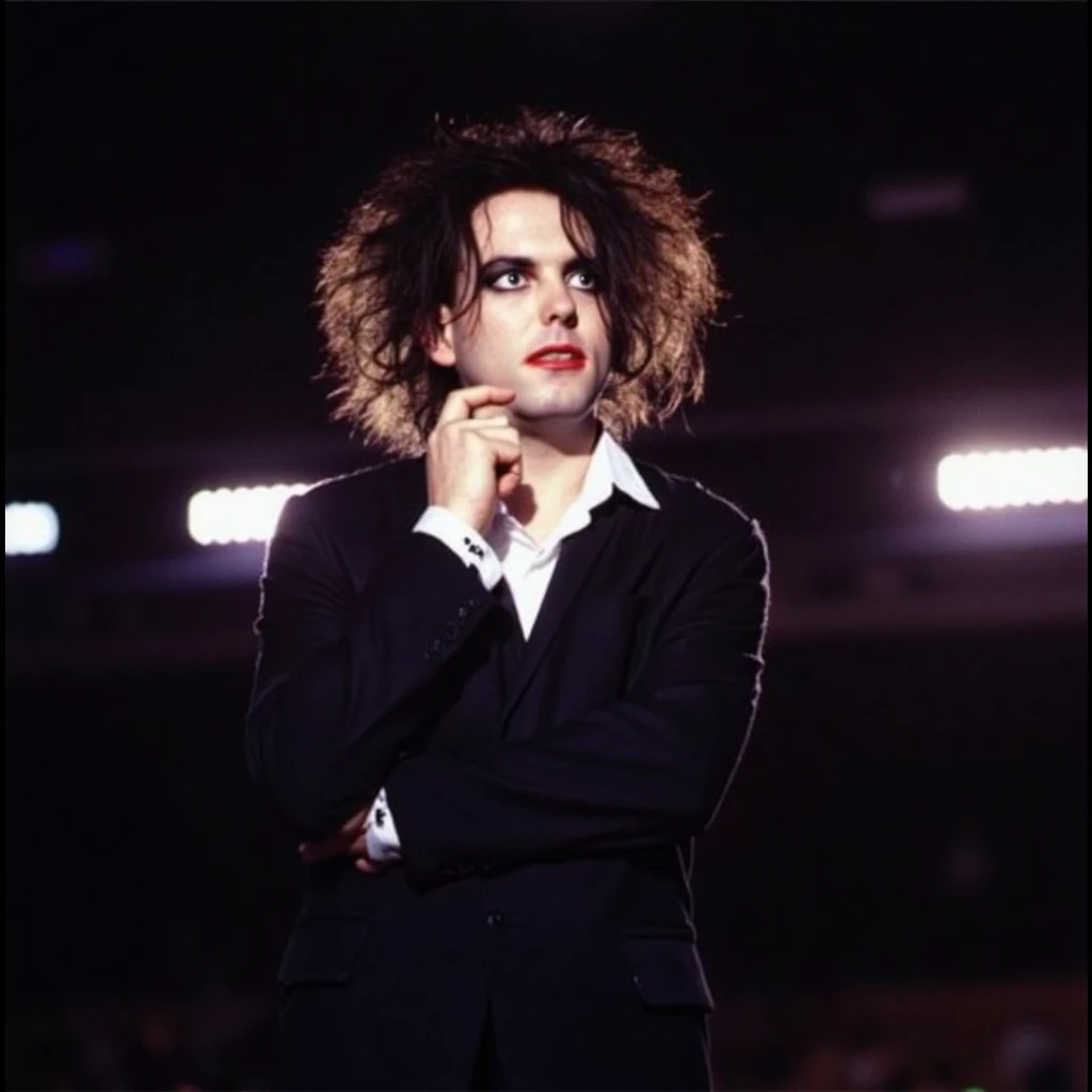 cinematic, dramatic lighting, full body shot, young Robert Smith in a concert, he is wearing a fancy black rocker outfit and a long untucked elegant white shirt with high neck and adornments, he has his classic long messy hair, and extreme facemakeup, in a photoshoot by annie leibovitz., rsmith,roberts,curesm