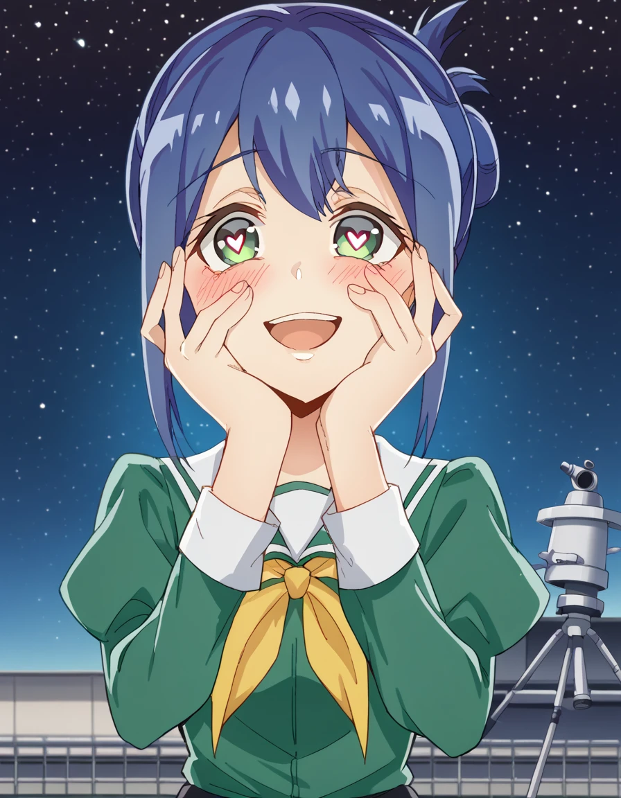 score_9, score_8_up, score_7_up, source_anime, <lora:kanoko-mamiya-s1-ponyxl-lora-nochekaiser:1>, kanoko mamiya, short hair, green eyes, blue hair, folded ponytail, sidelocks,, skirt, long sleeves, school uniform, puffy sleeves, neckerchief, green shirt, black skirt,, observatory, telescope, stars, space, roof, , <lora:yandere-trance-ponyxl-lora-nochekaiser:1>, yandere trance, yandere, hands on own cheeks, hands on own face, crazy eyes, crazy smile, crazy, heart-shaped pupils, glowing eyes, symbol-shaped pupils, hand on own face, open mouth, glowing, blush, looking at viewer,, looking at viewer, solo,, dutch angle, cowboy shot