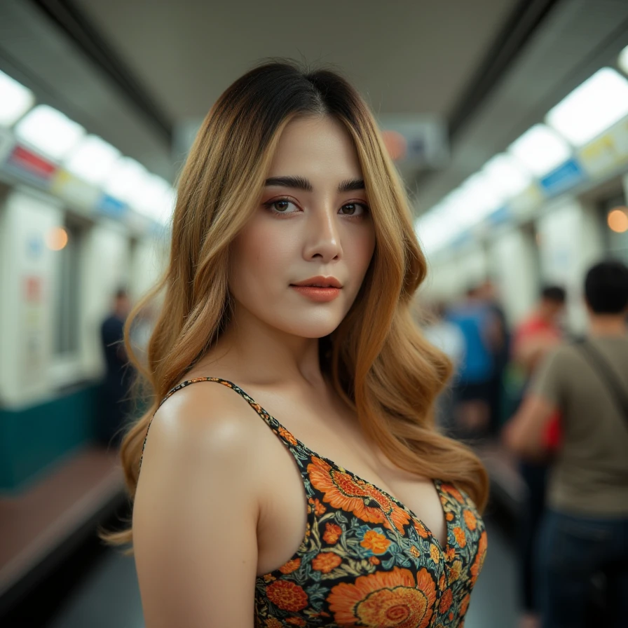 (A cinematic shot of <lora:ASMR_Wan:1> a young woman with a light to medium skin tone. A stunning female model, long, wavy hair with a warm blonde ombre effect, makeup and mascara. She is wearing a colorful dress, standing in subway station looking at the viewer)