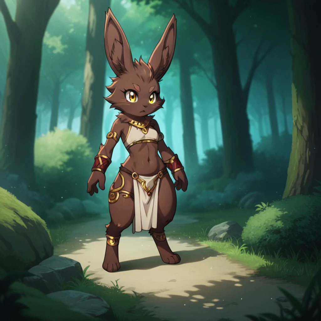 score_9, score_8_up, score_7_up, score_6_up, score_5_up, score_4_up, source_furry, Bilacslf, semi-anthro ,female, rabbit, brown fur, gold eyes, loincloth, forest, <lora:46eeec78-547f-4c56-b17b-d39f8b8f60a3:0.7>