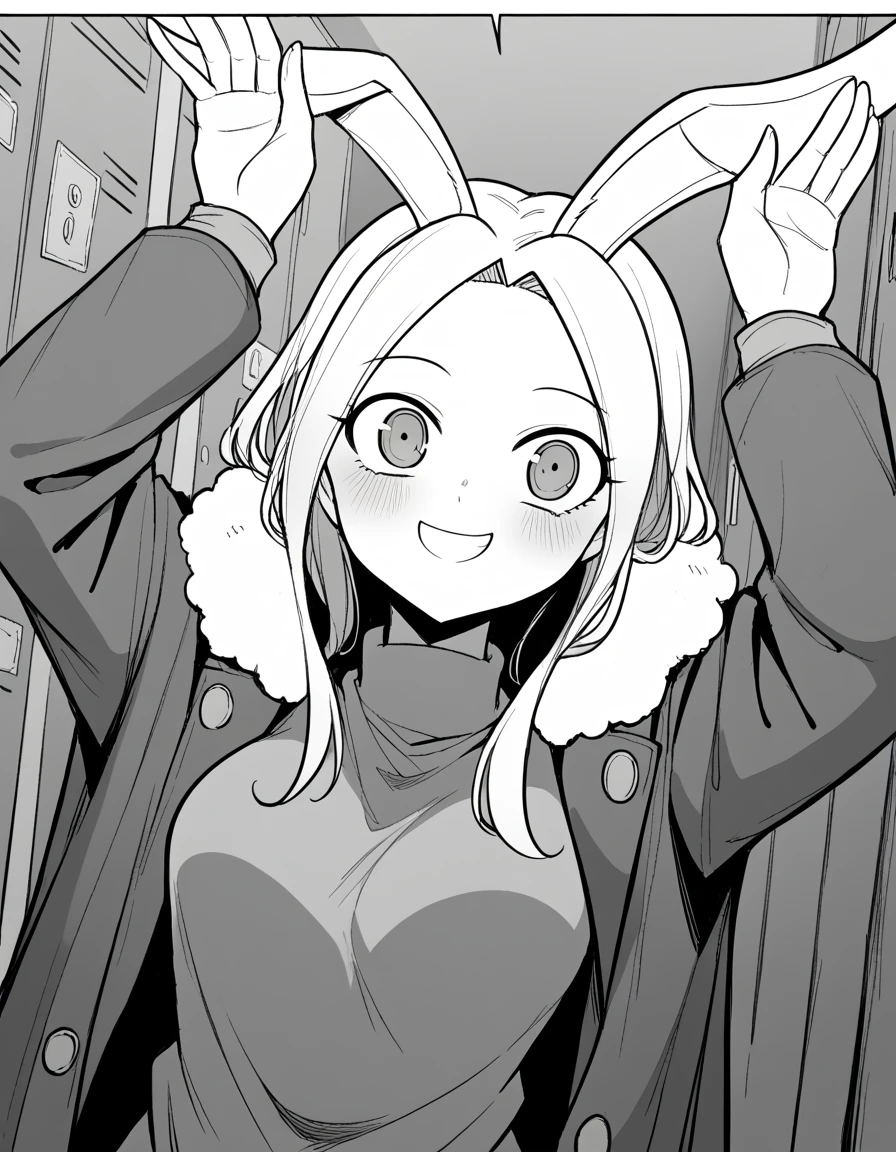 score_9, score_8_up, score_7_up, source_anime, <lora:hye-jin-manhwa-ponyxl-lora-nochekaiser:1>, hyejin, monochrome, greyscale, animal ears, rabbit ears, parted bangs, long hair, forehead, sidelocks, medium breasts,, jacket, fur trim, long sleeves, dress, turtleneck,, school hallway, lockers, between classes, everyday life, smile, <lora:rabbit-pose-ponyxl-lora-nochekaiser:1>, rabbit pose, smile, blush,, looking at viewer, solo,, dutch angle, cowboy shot