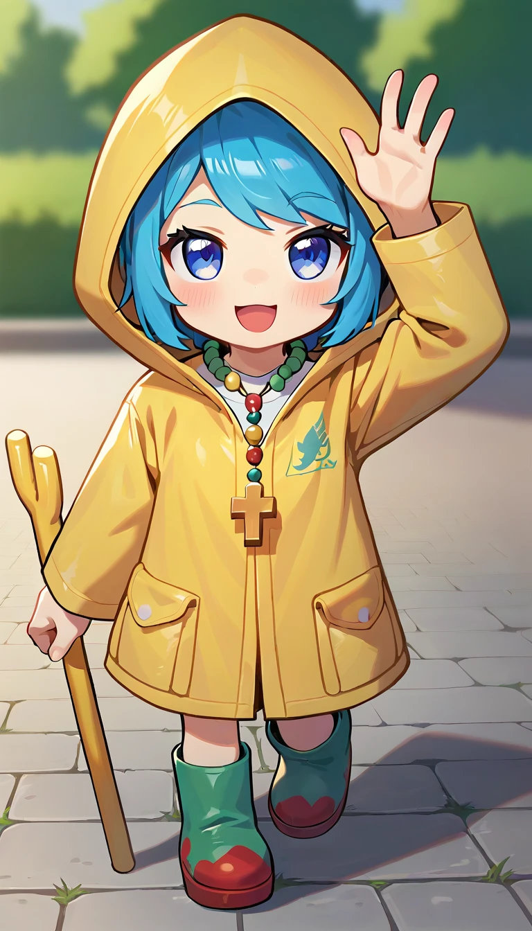 score_9,score_8_up,score_7_up,score_6_up BREAK official art,solo,outdoors,upper body,(portrait:1.5),looking at viewer,facing viewer,smile,blush,(chibi:1.2),Luce,short hair,blue hair,swept bangs,blue eyes,jewelry,beads,cross necklace,hood up,yellow raincoat,white shirt,long sleeves,pocket,holding staff,rubber boots,green footwear,red footwear,<lora:Luce(jubilee_2025)-Pony:1.6>,