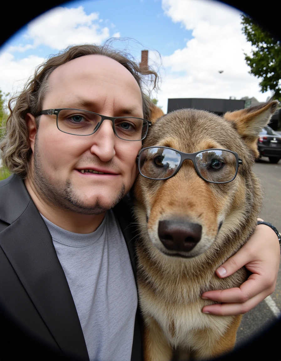 HDR photo of <lora:Dion Graus:1.8> fisheye lens selfie of Dion Graus and a wolf, glasses . High dynamic range, vivid, rich details, clear shadows and highlights, realistic, intense, enhanced contrast, highly detailedâââ