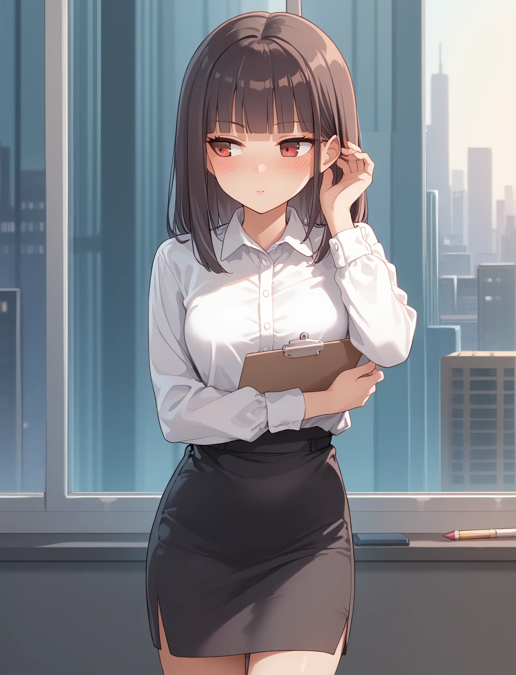 score_9, score_7_up, source_anime,
1girl, long sleeves, collared shirt, tucked shirt, windows, cityscape, pencil skirt, blunt bangs, clipboard, office, standing, looking to the side, blush, solo
adjusting hair, <lora:adjusting_hair_xl:0.85>