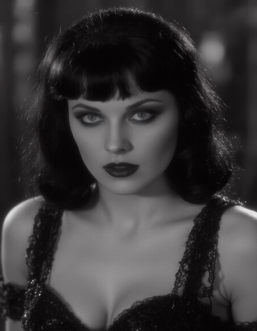 xena, xena-style, xena-eyes, ArsMovieStill, 20s Silent Movie Still, as a 1920s glamorous vixen, lipstick, monochromatic, vampy, with a smoldering expression as she looks at the viewer  <lora:20s_Silent_Movie:0.6> <lora:flux_xena_128_newest:1.5>