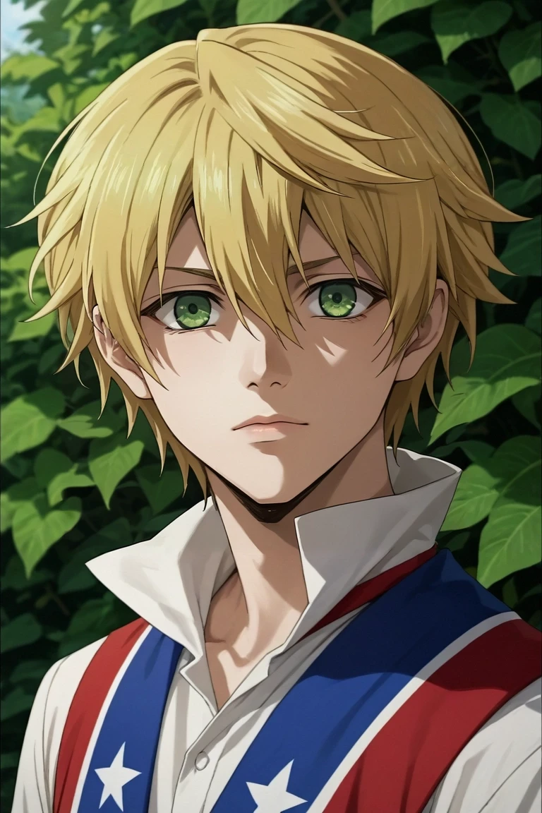 score_9, score_8_up, score_7_up, source_anime, rating_safe, intricate details, , looking at viewer, depth of field, 1boy, solo, male focus, <lora:oz_vessalius_pony:0.82>, oz_vessalius, blonde hair, green eyes, short hair, hair between eyes, , patriotic costume, <lora:sdxl_lightning_8step_lora:1>