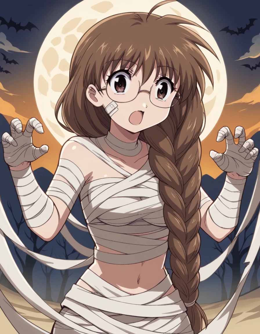 score_9, score_8_up, score_7_up, source_anime, <lora:koi-ui-chigusa-s1-ponyxl-lora-nochekaiser:1>, koi ui chigusa, brown hair, brown eyes, glasses, braid, hair braid, single braid, hair over shoulder, medium breasts,, <lora:mummy-costume-ponyxl-lora-nochekaiser:1>, mummy costume, bandages, halloween costume, bandaged arm, zombie pose, bandage on face,, desert, moon, night, open mouth, , dutch angle, cowboy shot