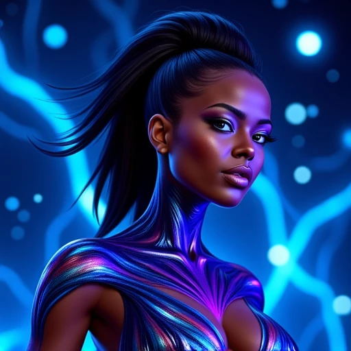 Haileigh, electric stormy night scene. The woman has a deep, with piercing blue eyes, and iridescent costume that glows with vibrant blue and purple hues, photorealistic CGI style, rich brown skin tone and striking, humanoid character with a deep blue, vibrant blue hue that contrasts with her bright, and his hair flows dramatically around his head in a stylized