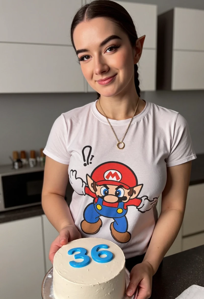 MM woman in kitchen baking a cake, wearing a print t-shirt with the image of mario, pants, she has pointy elf ears, ponytail, smirk