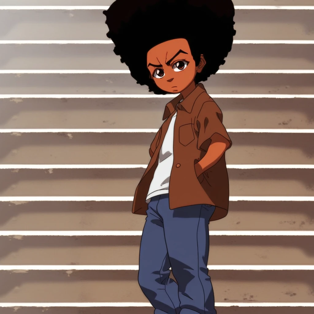 score_9, solo, huey_f, dark-skinned male, afro, black hair, brown eyes, jacket, shirt, jeans, hands in pockets, stairs, looking at viewer,