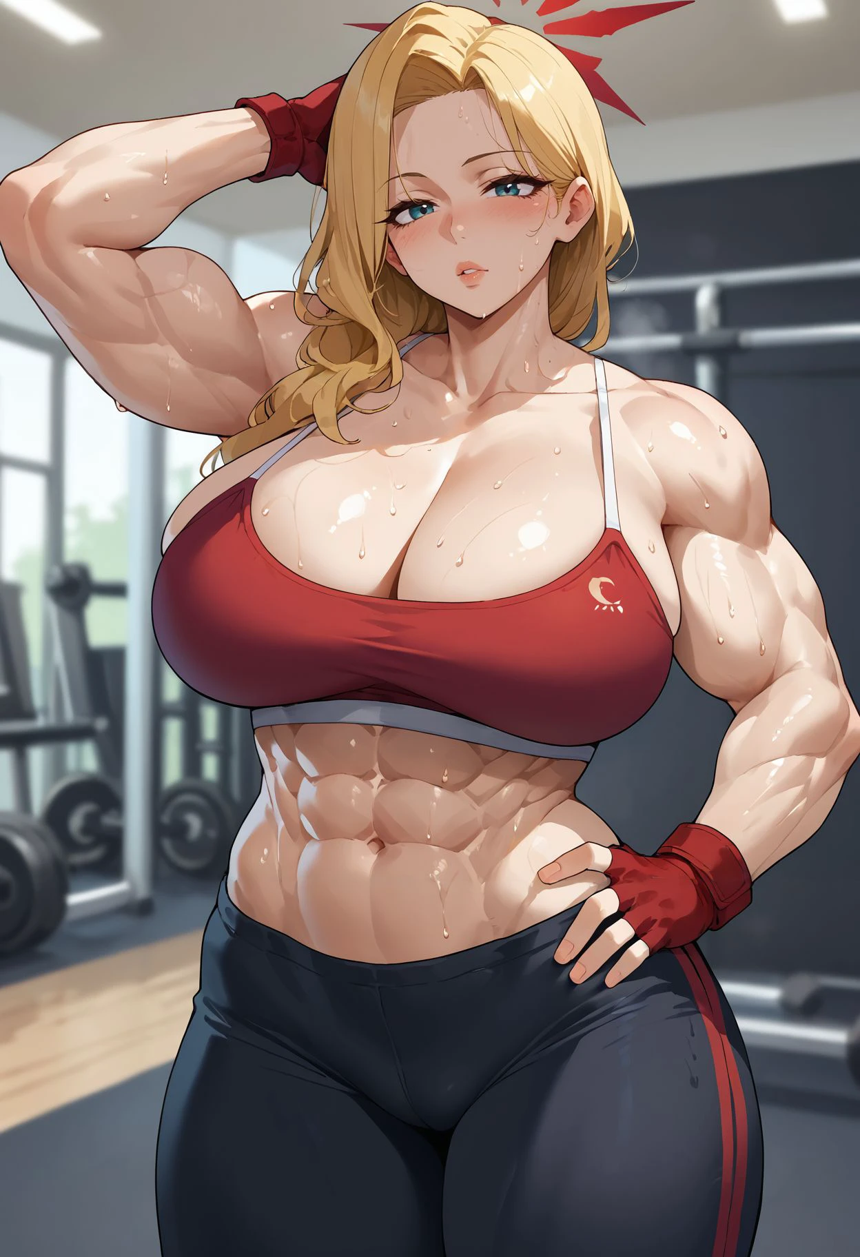 1girl,masterpiece , best quality,highres,  4k, Marin kitagawa, character in gym wear,long fluffy voluptuous hair,makeup,fashionable,necklace,jewelry,smiling,happiness radiant,posing sexy, ((((huge muscles))))