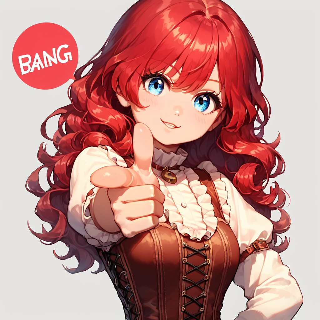 score_9, score_8_up, score_7_up, 1girl, solo, extremely detail face, blue eyes, red hair, medium wavy hair, frill shirt, corset, cowboy outfit, finger gun, pointing at viewer, bang (gesture), bubble chat "Bang", <lora:Finger_gun_Shooting_Bang_Pose_for_Pony:1>  <lora:Finger_Gun:0.65>