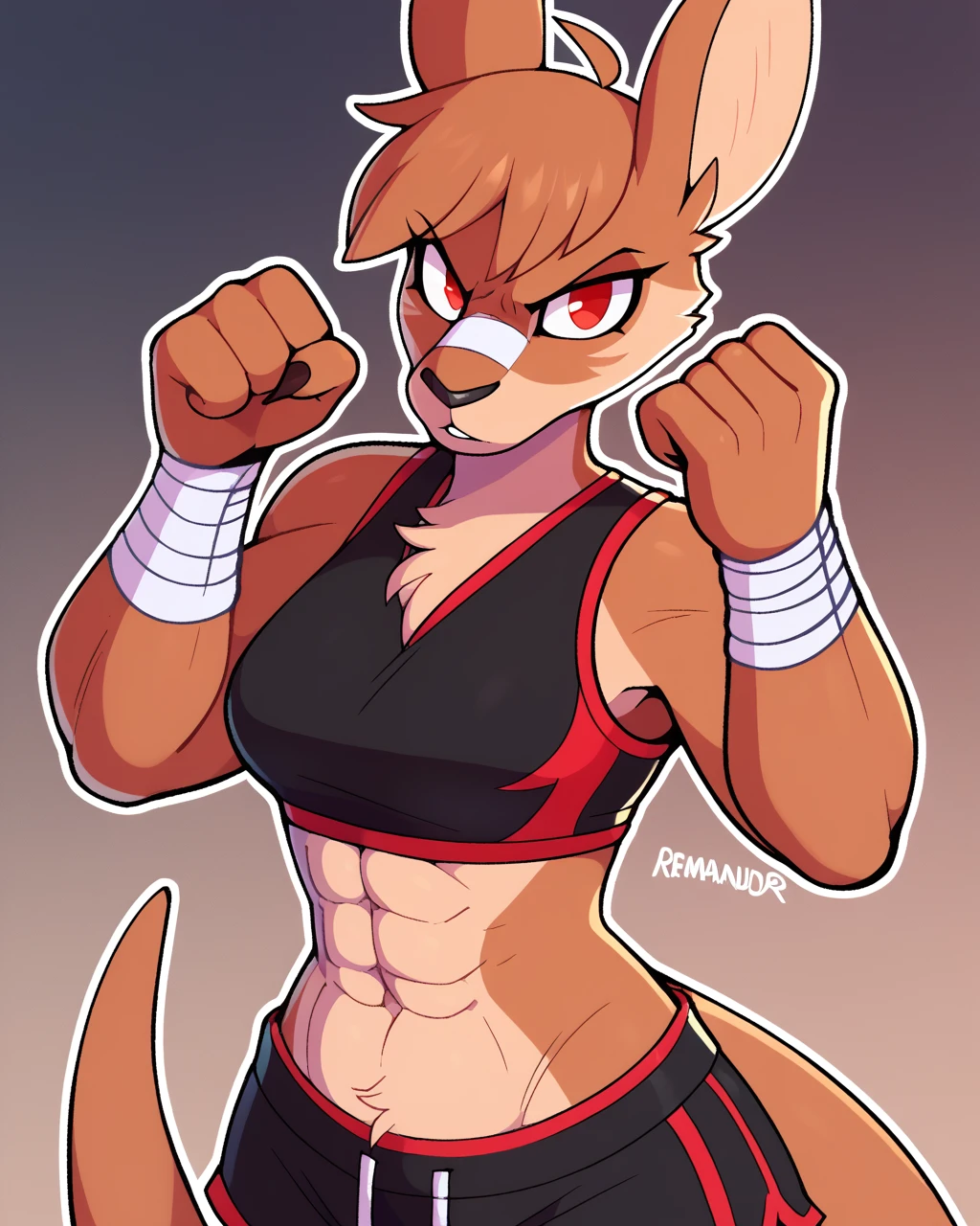 score_9_up, score_8_up, score_7_up, score_6_up, by remanedur, half-length portrait, kangaroo, brown hair, red eyes, furry female, female, furry, bandage, bandage on face, abs, looking at viewer, solo, fighting pose, three-quarter view, head tilt, tail, sports bra, dolphin shorts, midriff, wrist wraps, wraps, fist, simple background, white outline,<lora:Leah_Pines(AIM)_XL_v1:0.25> <lora:PDXL_artist_tags_v2_big:0.5> <lora:The-Minuscule-Task_PDXL_v1.0:0.6>  <lora:Franziska_Drawligator:0.65>