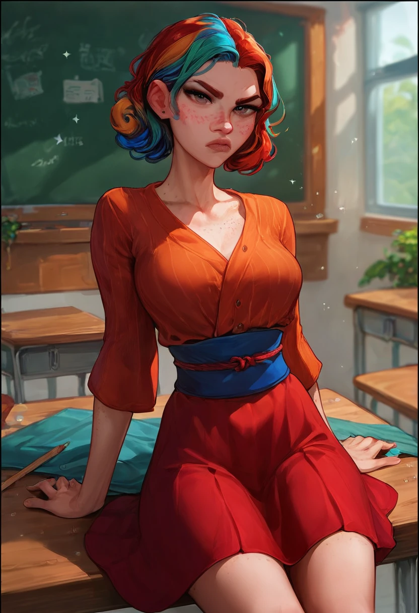 score_9, score_8_up, score_7_up, score_6_up, rmsns, 1girl, multicolored hair, freckles, dress, sash, sitting, classroom, scowl, looking at viewer