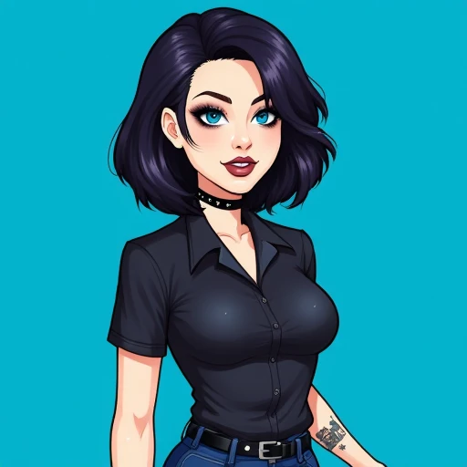 shirt, hand on hip, full body, open mouth, choker, one eye closed, blue background, shoes, tattoo