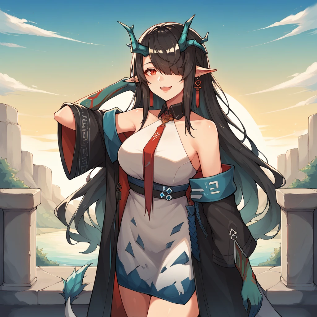 score_9_up, score_8_up, score_7_up, source_anime, 1girl, solo, sun light, sky, clouds, standing, stone ledge, from side, angled shot, hands behind head, interested smile, half-opened mouth, looking at you, dusk (arknights), DuskArk, Dk_Def,  red eyes, dragon tail, hair over one eye, horns, colored skin, black hair, long hair, green skin, pointy ears, sleeveless, halter dress, white dress, short dress, black collar, red necktie, off-shoulder coat, black coat, open coat, bare shoulders, earrings, jewelry, long sleeves, black sleeves, wide sleeves, mature body, dynamic cowboy shot, 