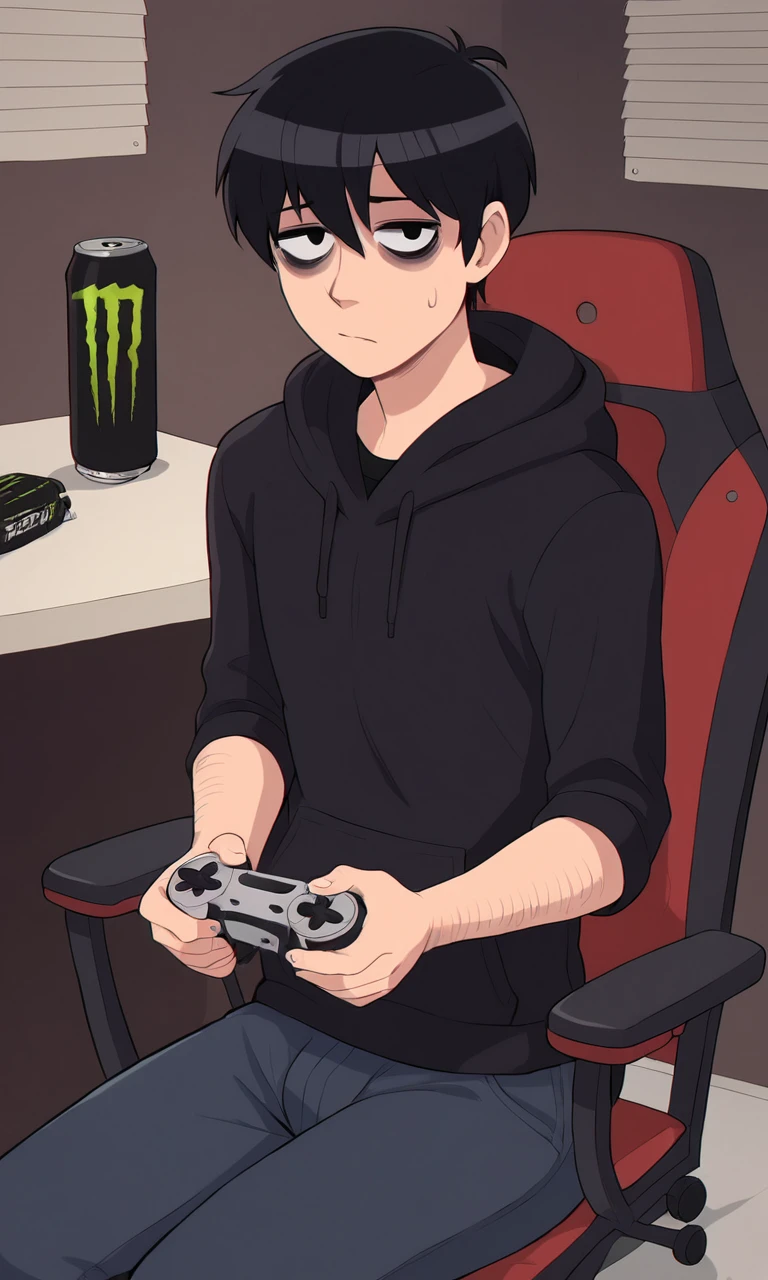 score_9, score_8_up, score_7_up, source_anime, anime illustration, masterpiece, best quality, lots of details, detailed background, BREAK
1boy, solo, 18 years old, femboy:0.1, adult, brandonshadman, black hair, sitting, bags under eyes, monster energy, chair, holding controller, black hoodie, black eyes, indoors, looking at viewer