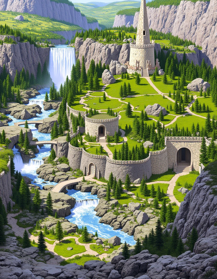 a painting of 
the refuge of Rivendell, crystalline waterfalls tumble between elegant elven architecture that seems to grow from the very cliffs. Gardens and walkways wind through multiple levels, while intricate carvings and frescos adorning the walls tell stories of ages past.
<lora:TedNasmith_MiddleEarth-flux-v1:1.25>