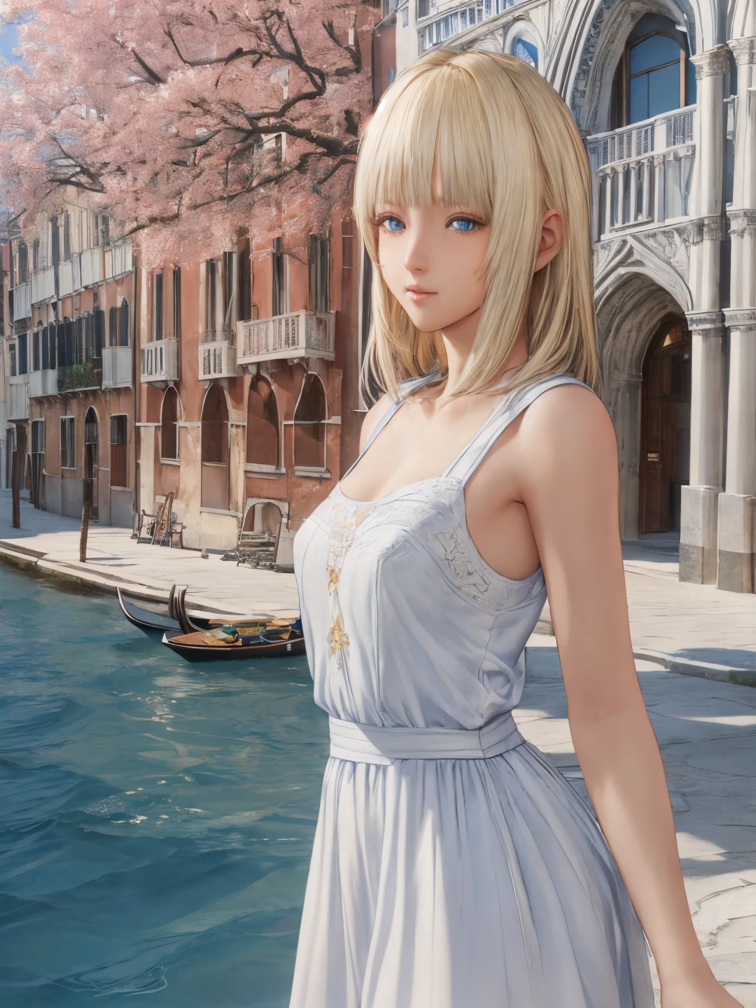 <lora:Lunafrena_L_0Rv2:0.7>, <lora:CC_Detail_Tweaker_1:0.5>
lunafrena-l, blue eyes, blonde hair, medium hair, small breasts
white dress, sleeveless
masterpiece, best quality, ultra-detailed, detailed, detailed skin, absurdres, 8k, digital art
1girl, solo, facing viewer, looking at viewer, standing, cowboy shot
(outdoors, fantasy, venice, stone floor, tree, flower bed, canal)