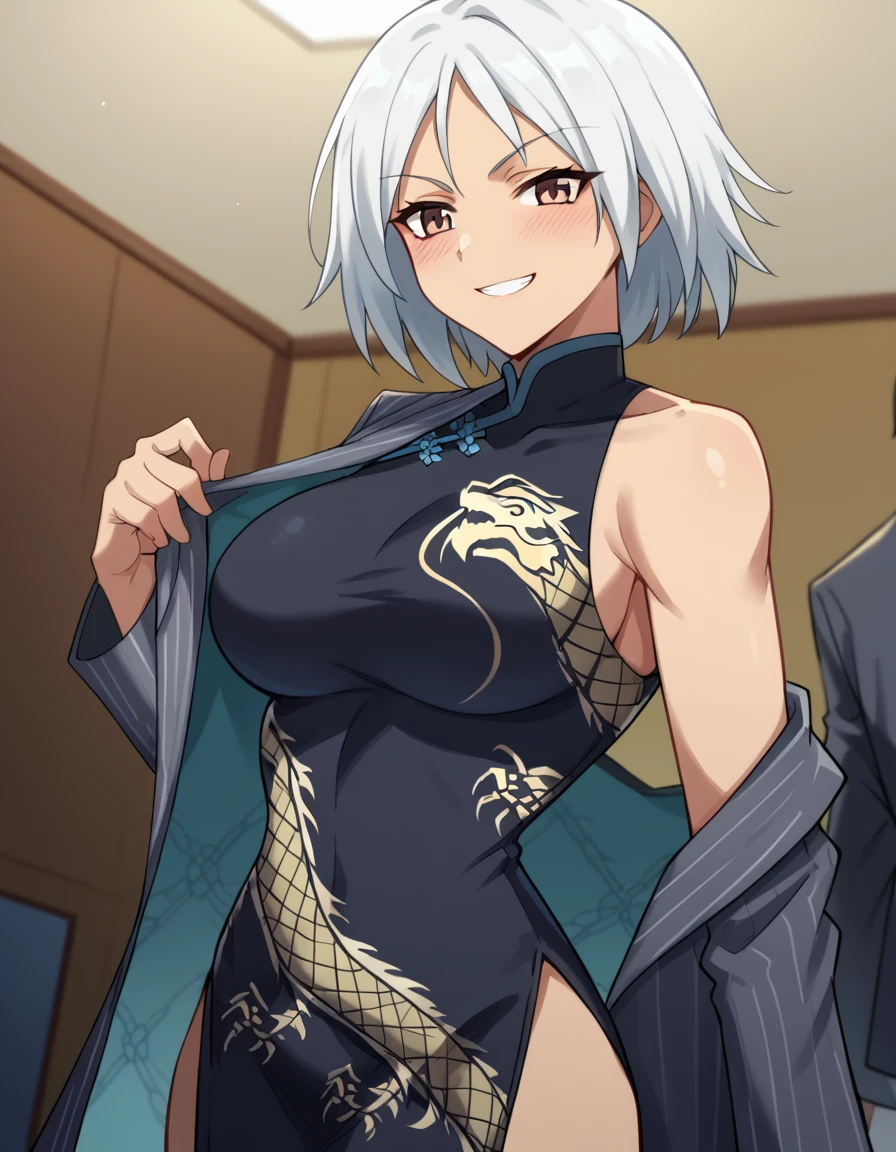 score_9, score_8_up, score_7_up, source_anime, <lora:rio-kazama-s1-ponyxl-lora-nochekaiser:1>, rio kazama, short hair, brown eyes, white hair, large breasts,, <lora:blue-archive-kisaki-cosplay-ponyxl-lora-nochekaiser:1>, blue archive kisaki cosplay, kisaki (blue archive) (cosplay), dragon print, china dress, print dress, chinese clothes, pinstripe jacket, sleeveless turtleneck dress, cosplay, vertical-striped jacket, pinstripe pattern, pelvic curtain, striped coat, grey coat, black dress, sleeveless dress,, indoors, from side, blush, smile,, cowboy shot, looking at viewer, , dutch angle, cowboy shot