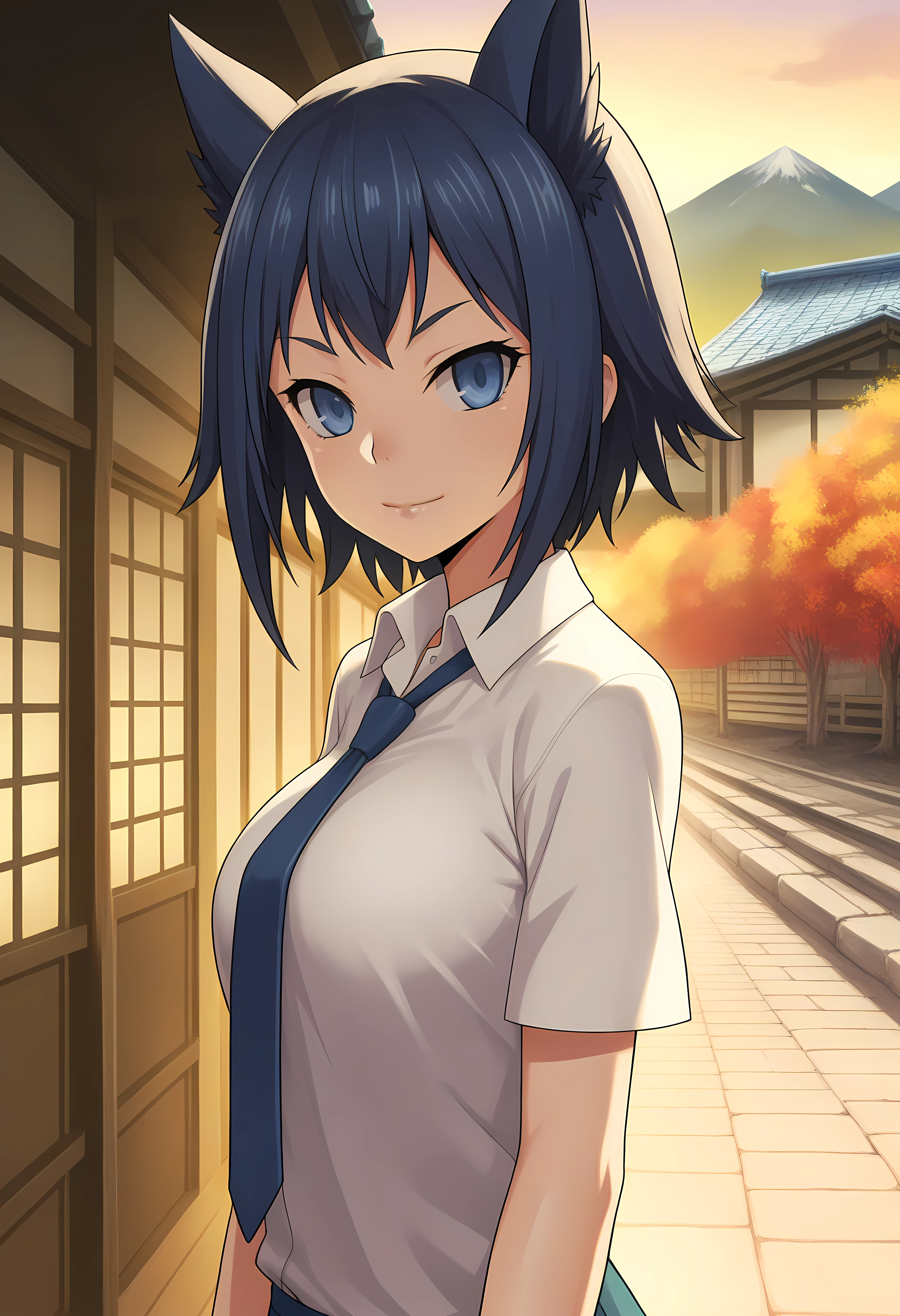 looking at viewer, shiny skin, upper body, light smile,ohwx, short_hair, blue_hair, 1girl, blue_eyes, breasts, black_hair, animal_ears, medium_breasts, long_hair, large_breasts,school_uniform, necktie, shirt, Japanese mountain village with thatched roofs, autumn colors, warm and cozy ambiance, serene atmosphere,<lora:rin_rokudou_illustrious_sobsynapse-000002:1>