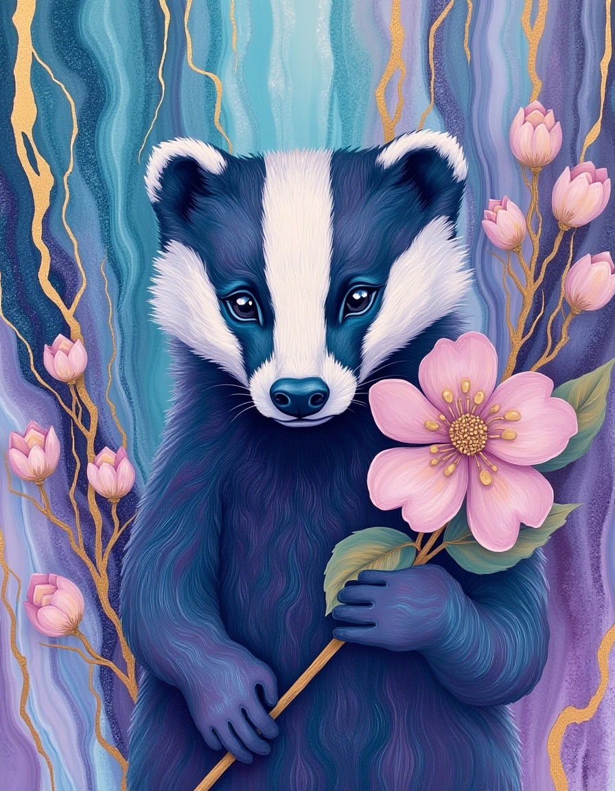 novuschroma painting of badger with flowers. Surrounded by blue, purple, pink marbled paint with gold accents.