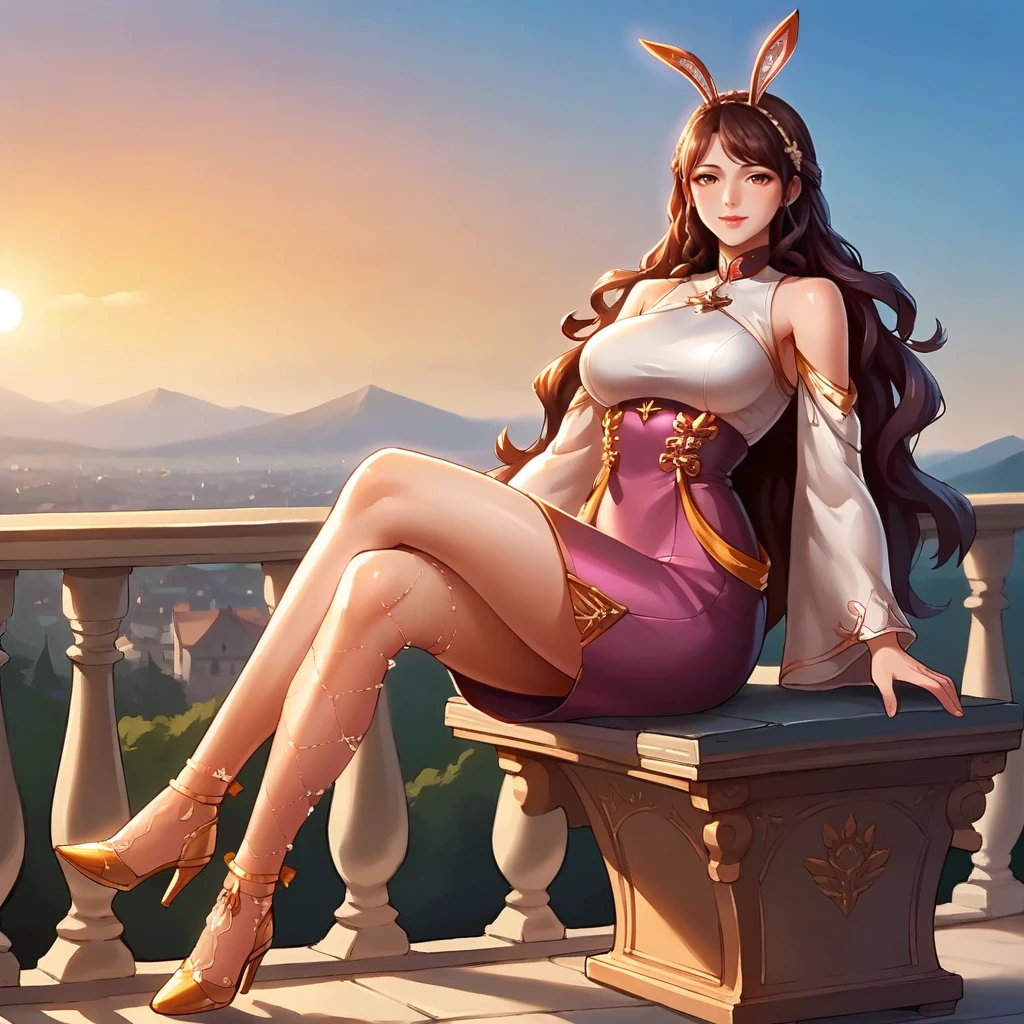 score_9_up, score_8_up, score_7_up, source_anime, 1girl, solo, sun light, sky, clouds, balcony, sitting on bench, crossed legs, seductive smile, looking at you, from side, angled shot, full body, gold footwear, high heels, Jiang, Nan_Def, mature body, brown eyes, long hair, brown hair, fake animal ears, wavy hair, hair ornaments, high-waist skirt, purple skirt, wavy hair, brown hair, fake animal ears, white shirt, sleeveless shirt, bare shoulders, jewelry, fishnets, collared shirt, purple collar, single fishnet legwear, gold fishnets, detached sleeves, white sleeves, long sleeves, wide sleeves, dynamic cowboy shot, 