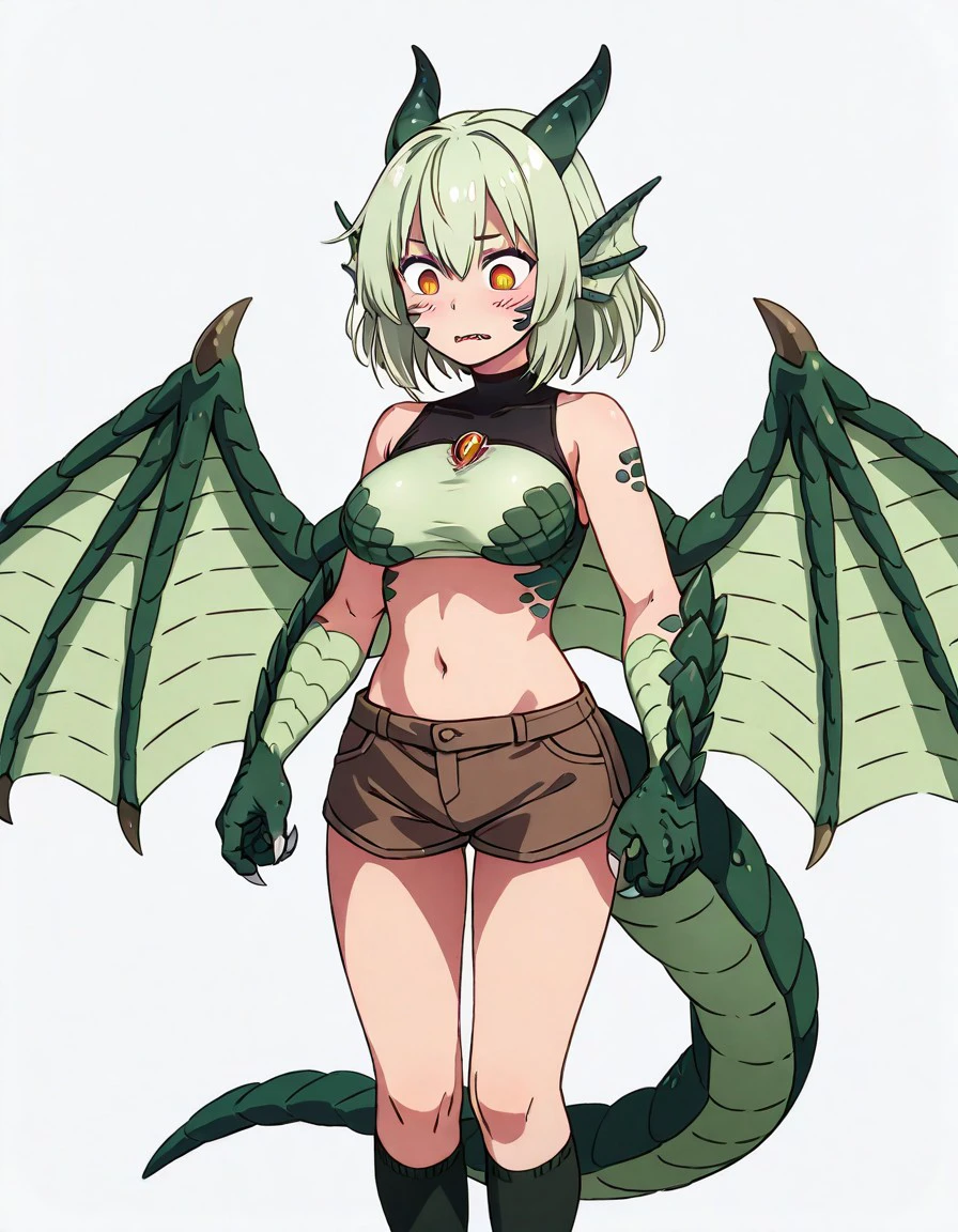Woman with a dragon's lower body、2 Men Arms、Four dragon legs、long nails、white scales、quadrupedal walking、delicate、delicate face、dragon horn、flat chest、exposure of the abdomen、sharp eyes、Super high quality