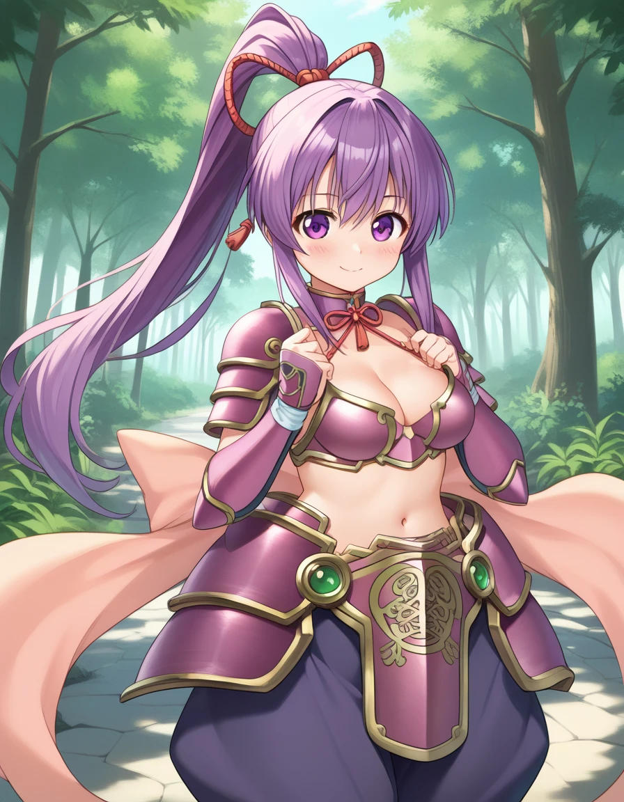 tokugawa_ieyasu_(sengoku_otome), purple hair, very long hair, purple eyes, high ponytail, medium breasts,
armor, bow, cleavage, choker, bikini armor, navel, faulds, puffy pants, sandals, tabi, 
<lora:tokugawa_ieyasu_(sengoku_otome)_Pony_v1:1>
standing, dynamic pose ,
closed mouth, blush,light smile
looking at viewer,(cowboy shot,:1.3),
outdoors,forest,,, score_9, score_8_up, score_7_up, best quapoty, highres, absurdres, source_anime, zPDXL3, 1girl,solo