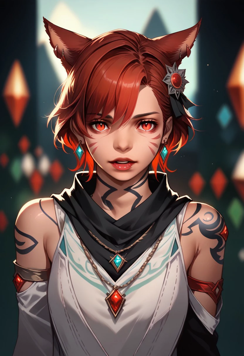 PonyXLV6_Scores BREAK Osenayan Illustration Style, 1girl, solo, looking at viewer, short hair, hair ornament, red eyes, animal ears, bare shoulders, jewelry, upper body, red hair, earrings, parted lips, detached sleeves, cat ears, necklace, scarf, lips, tattoo, blurry background, facial mark, slit pupils, gem, pendant, crystal, red lips, shoulder cutout, black scarf, miqo'te