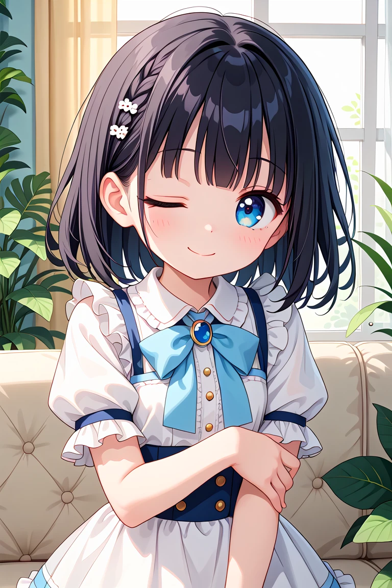 newest, masterpiece, best quality
BREAK
score_9, score_8_up, score_7_up, score_6_up, score_5_up, score_4_up
BREAK
cute round face, slender, kawaii, ultra cute girl, ultra cute face, ultra detailed eyes, ultra detailed hair, ultra beautiful,
1girl, solo,
Intricate details, Extremely detailed, Outstanding intricacies, Absurdres absolutely resolution, Serene atmosphere,
(Portrait, Face focus, shooting from front:1.2),
smile, closed mouth, Looking at viewer, one eye closed,
medium hair, black hair,
White ruffled blouse, saxe-blue ribbon tie, short ruffled sleeves and long layerd skirt,
Fashionable cafe living room, Decorative plants, Pastel cute sofa, Pastel cute curtains, Pastel cute wallpaper
<lora:wink2_right_xl_v10:1>