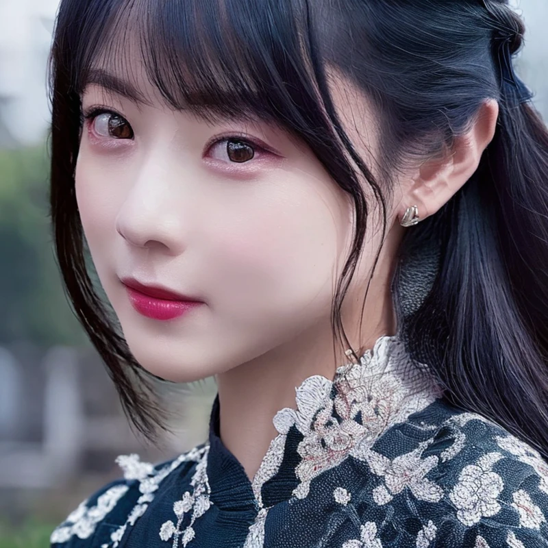 Best quality, masterpiece, ultra high res,(photorealistic:1.4),raw photo, 1girl, solo, realistic, portrait,  long hair, black hair, looking at viewer, cute girl, kawaii, teen, beautiful, red Chinese clothes, <lora:rorurari_20241104033305-000007:0.9>,smile