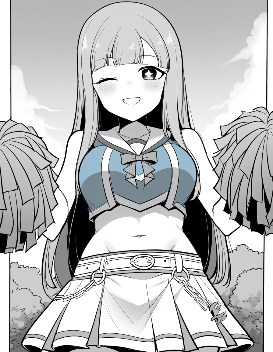 score_9, score_8_up, score_7_up, source_anime, <lora:chunja-manhwa-ponyxl-lora-nochekaiser:1>, chunja, monochrome, greyscale,  bangs, blunt bangs, black eyes, bright pupils, long hair, medium breasts,, <lora:umamusume-nice-nature-cosplay-ponyxl-lora-nochekaiser:1>, umamusume nice nature cosplay, nice nature (umamusume) (cosplay), pom pom (cheerleading), cheerleader, holding pom poms, cosplay, yellow belt, white skirt, midriff, blue jacket, navel, shirt, sleeveless shirt, sleeveless,, outdoors, smile, one eye closed, blush, cowboy shot, looking at viewer, , dutch angle, cowboy shot