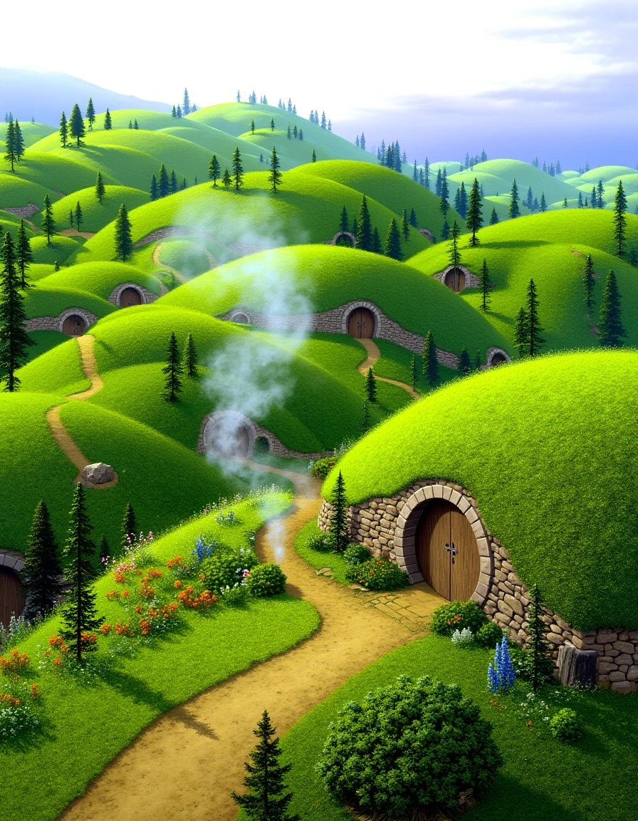 a painting of a misty dawn breaks over the rolling hills of the Shire, where dewy grass sparkles beneath round wooden doors set into earthen mounds. Smoke curls lazily from tiny chimneys while gardens overflow with bright flowers and ripening vegetables. Well-worn dirt paths wind between the hobbit-holes, connecting neighbors across the peaceful landscape.
<lora:TedNasmith_MiddleEarth-flux-v1:1.25>