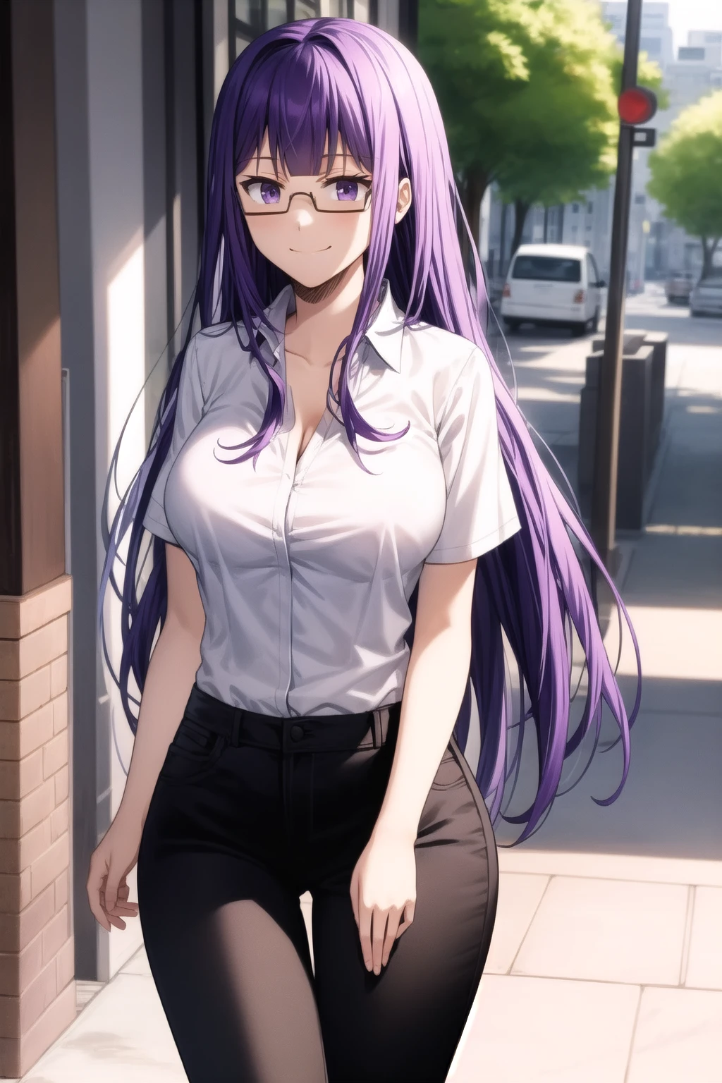 misaki_brynhildr, 1girl, solo, standing, cowboy shot, front_view, looking at viewer, city, park, walking, arms_at_sides, (closed mouth, smile:1.1), (purple hair, long hair:1.3), blunt bangs, glasses, (large breasts:1.2), (medium breasts:1.2), (wide hips:1.2), (collared shirt, white shirt:1.3), short sleeves, (black pants:1.2), thigh gap, illustration, intricate detail, masterpiece, best quality, best aesthetic, anime, ultra detailed