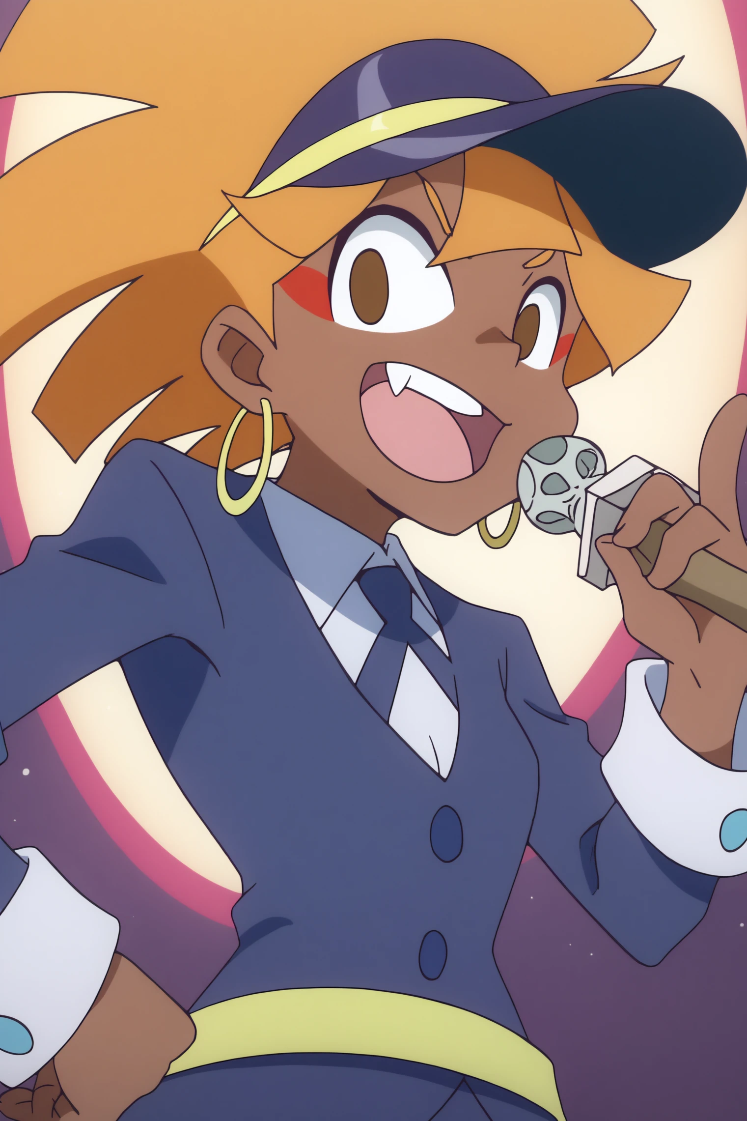 Wangari, solo, microphone, visor cap, pinky out <lora:Commission-Little_Witch_Academia-Wangari-PDXL:0.8>