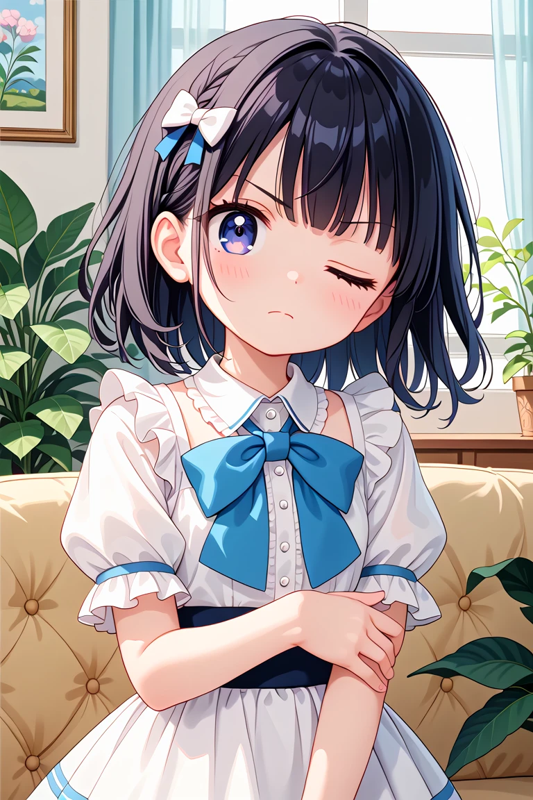 newest, masterpiece, best quality
BREAK
score_9, score_8_up, score_7_up, score_6_up, score_5_up, score_4_up
BREAK
cute round face, slender, kawaii, ultra cute girl, ultra cute face, ultra detailed eyes, ultra detailed hair, ultra beautiful,
1girl, solo,
Intricate details, Extremely detailed, Outstanding intricacies, Absurdres absolutely resolution, Serene atmosphere,
(Portrait, Face focus, shooting from front:1.2),
angry, closed mouth, Looking at viewer, one eye closed,
medium hair, black hair,
White ruffled blouse, saxe-blue ribbon tie, short ruffled sleeves and long layerd skirt,
Fashionable cafe living room, Decorative plants, Pastel cute sofa, Pastel cute curtains, Pastel cute wallpaper
<lora:wink2_left_xl_v10:1>