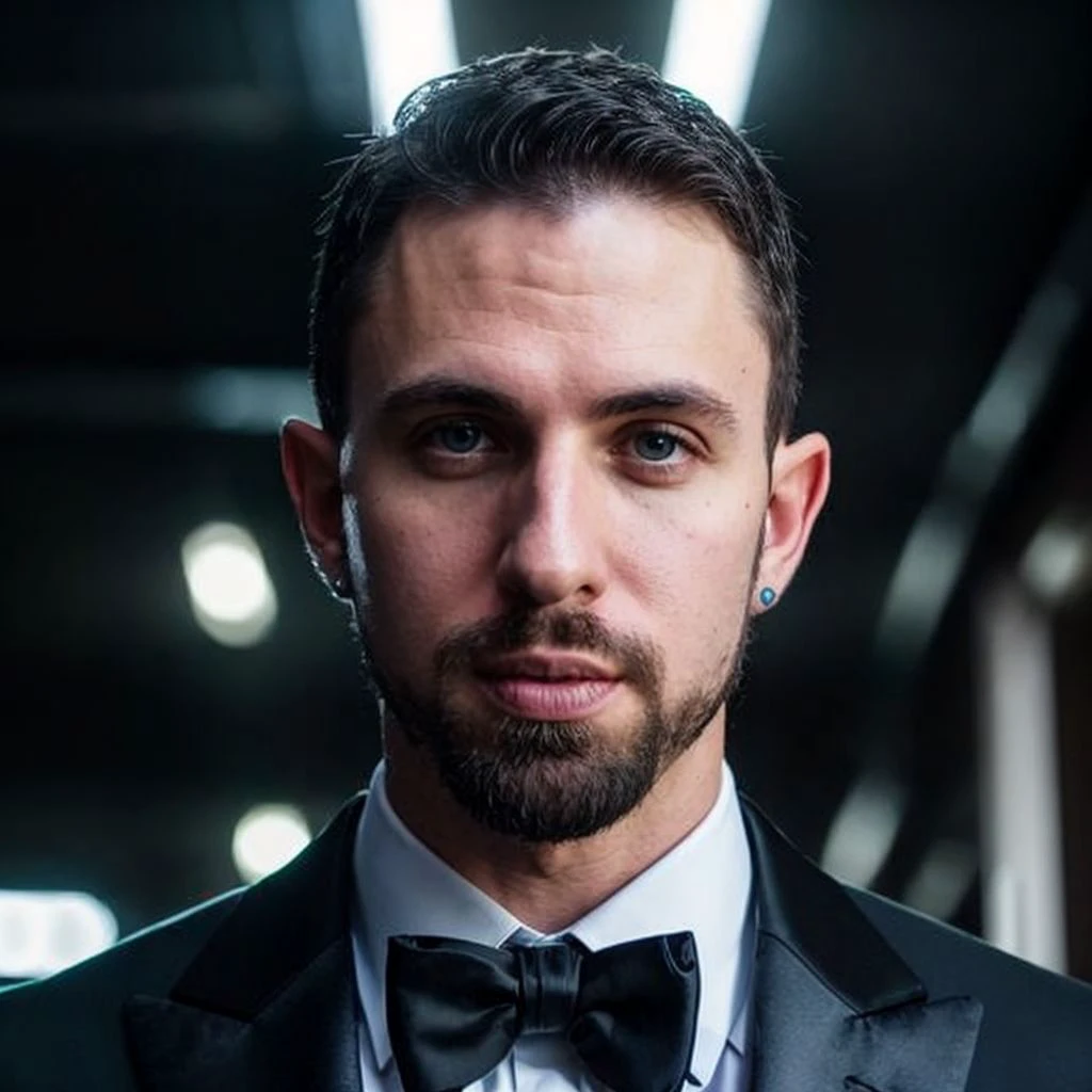 DSLR photo of jakeorion person using a tuxedo.face portrait.in blade runner.daylight.professional photography.high resolution.detailed photo.RAW.still film.f/16.uhd.hdr.4k <lora:jakeorion_60750:1>