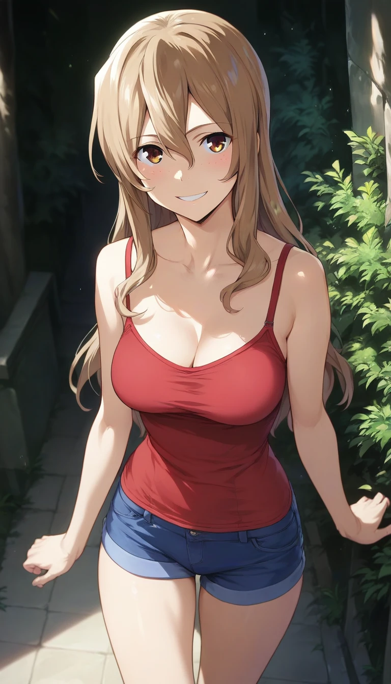 score_9,score_8_up,score_7_up,score_6_up BREAK official art,solo,outdoors,cowboy shot,looking at viewer,facing viewer,smile,blush,Aoki Clair,brown hair,long hair,bangs,sidelocks,parted bangs,brown eyes,hair between eyes,freckles,collarbone,cleavage,red camisole,medium breasts,denim shorts,short shorts,bare legs,purple sneakers,<lora:Aoki Clair(gleipnir)-Pony:1.6>,