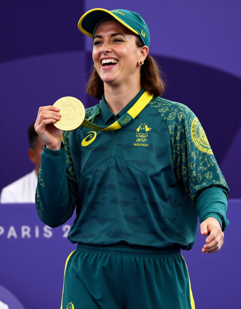 A woman wearing green baseball cap and a green tracksuit. She won and wears a huge gold medal at the paris 2024 olympics. She stands on the podium with her medal around her neck. Victorious  <lora:Raygun:0.9>