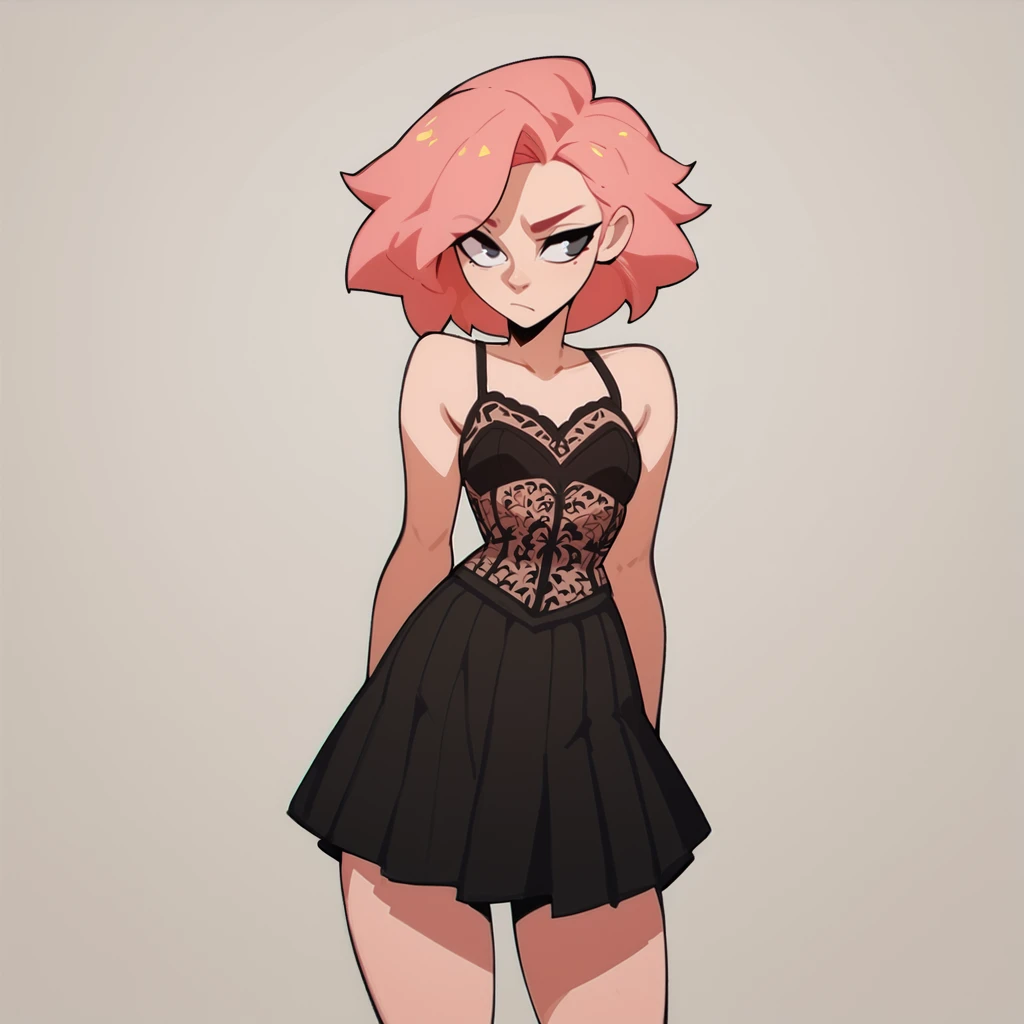 cute girl lighter skin that brown skin brown eyes pink hair short hair curly hair black tank top over shoulder thin waist medium hips fishnets