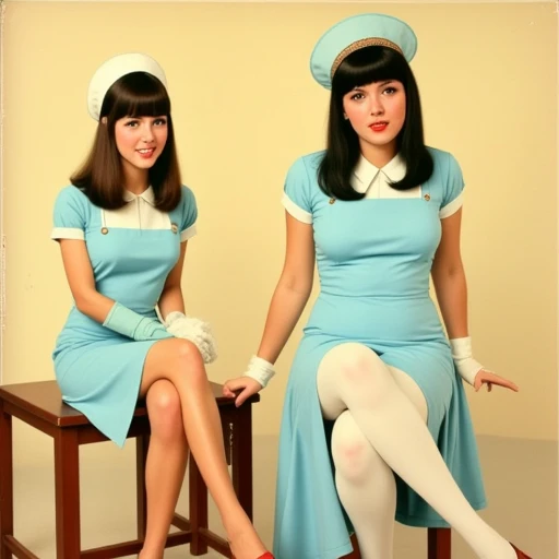 dark hair is styled straight and cascades over her shoulders.  The woman on the right is dressed in a light blue dress with a slightly longer, red flats, given the fashion and color palette. It showcases two women dressed in stylish outfits, dressed in a light blue dress., looking directly at the viewer with a friendly smile., pale beige wall. Both women are dressed in matching, sitting on a wooden stool. She appears to be in her late teens or early twenties. 2. Next to her, retro-style drawing in a pop-art aesthetic, accessorized with white gloves. The second woman, and stylized artwork.   The background is a muted, reminiscent of the 1970s