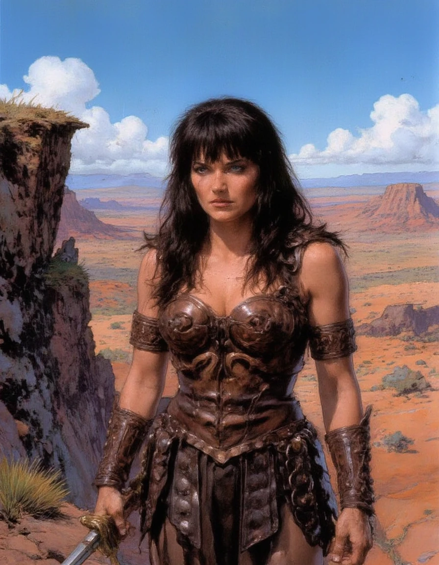 xena, xena-style, xena-eyes, comic book style, wearing her usual attire of a metal breastplate over a brown corset, comic illustration of xena standing at the edge of a tall cliff overlooking a desert, a sword held idly in her hand  <lora:flux_xena_128_newest:1.5> <lora:Comic book V2 [TW is Comic book style; use 1.5 strength]:1.4>