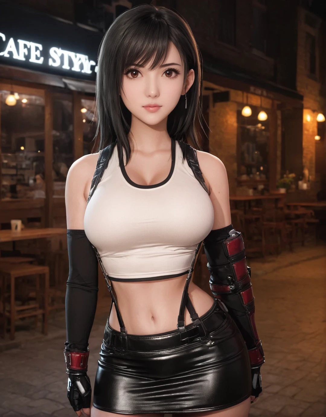 4k Anime real life Tifa lockhart in white latex crop top and black faux leather mini skirt  <lora:Tifa_Lockhart_XL:1>, front view, mid shot, kodak portrait effect, standing pose outside of a cafe in night time, hard shadows over her body, photoreal style