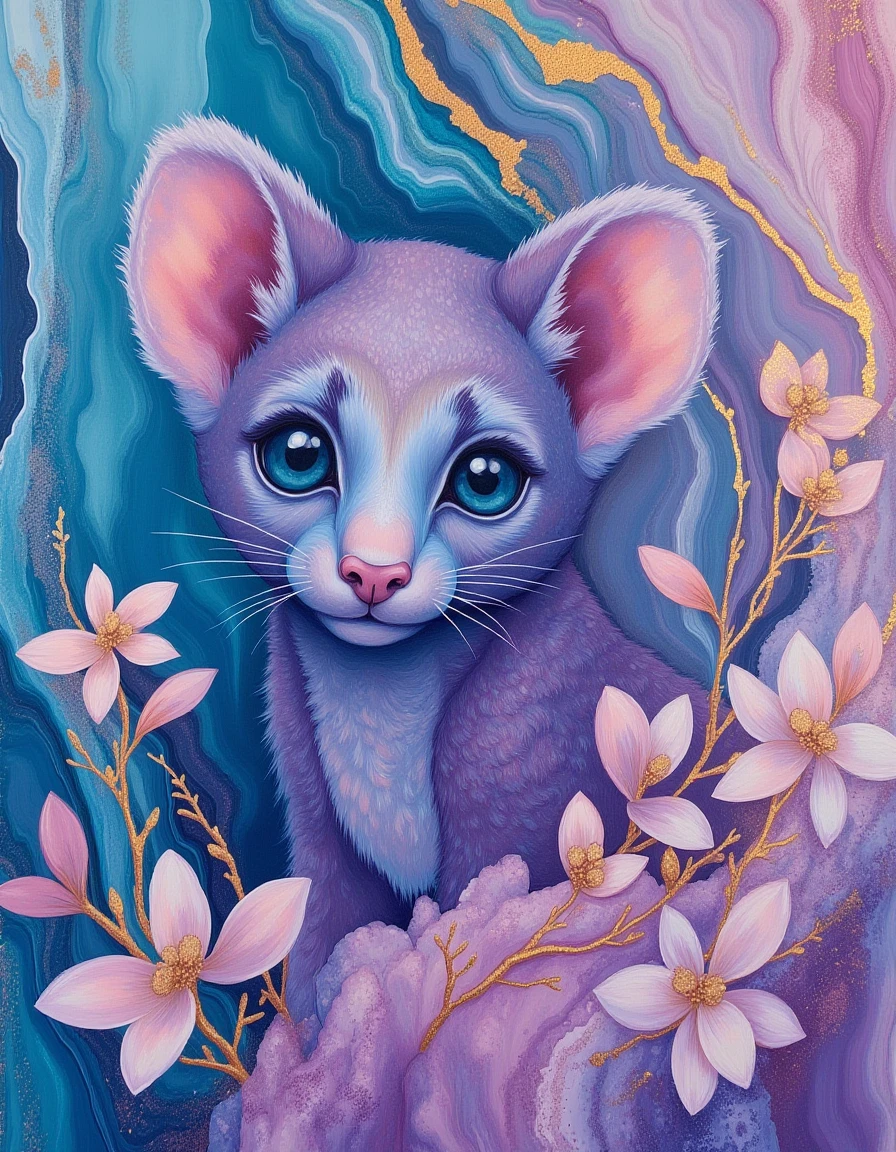 novuschroma painting of kinkajou with flowers. Surrounded by blue, purple, pink marbled paint with gold accents.